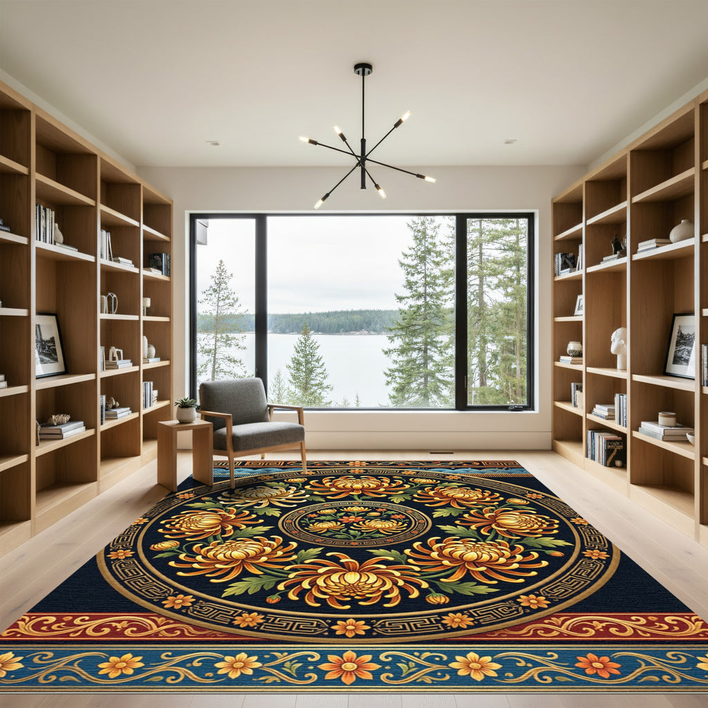 Golden Chrysanthemum Medallion Circular Black Accent Rug