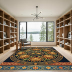 Golden Chrysanthemum Medallion Circular Black Accent Rug