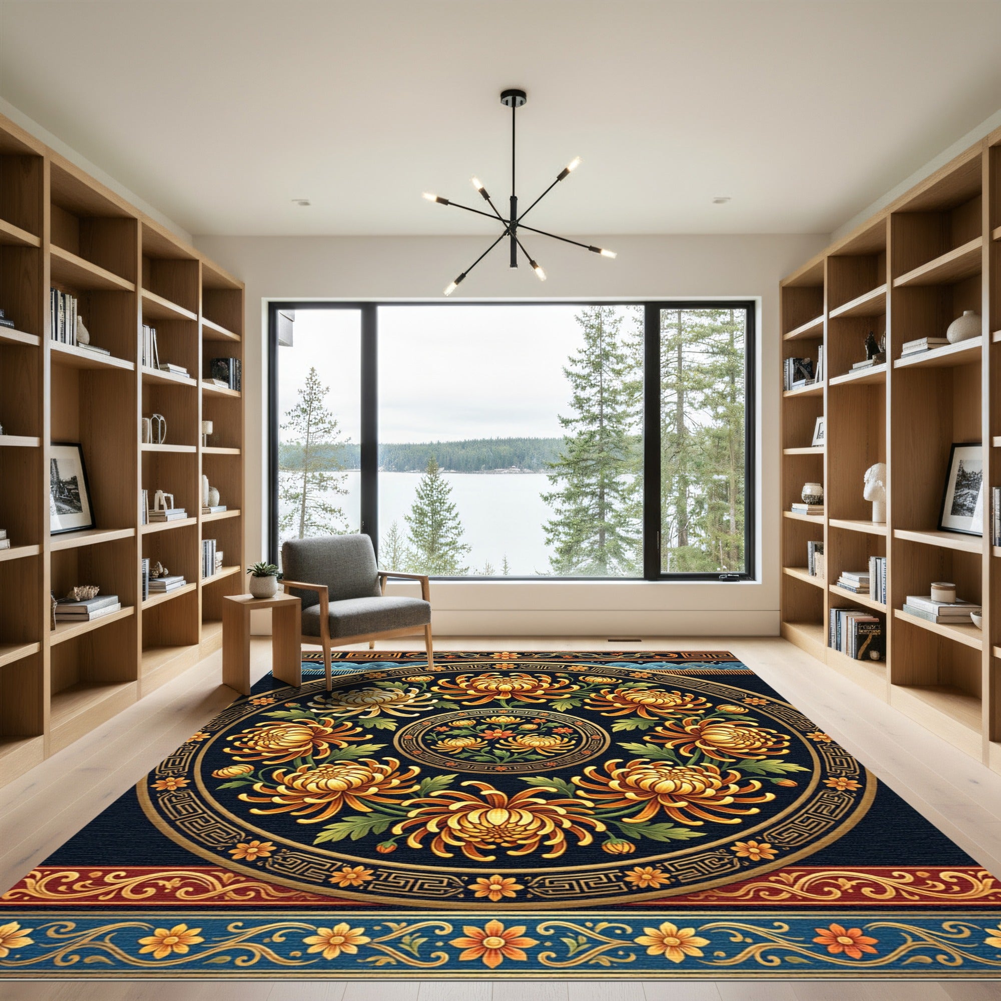 Golden Chrysanthemum Medallion Circular Black Accent Rug