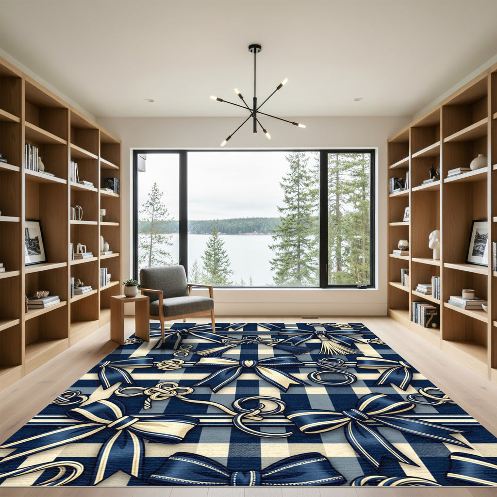 Elegant Navy Blue Ribbon Plaid Rug