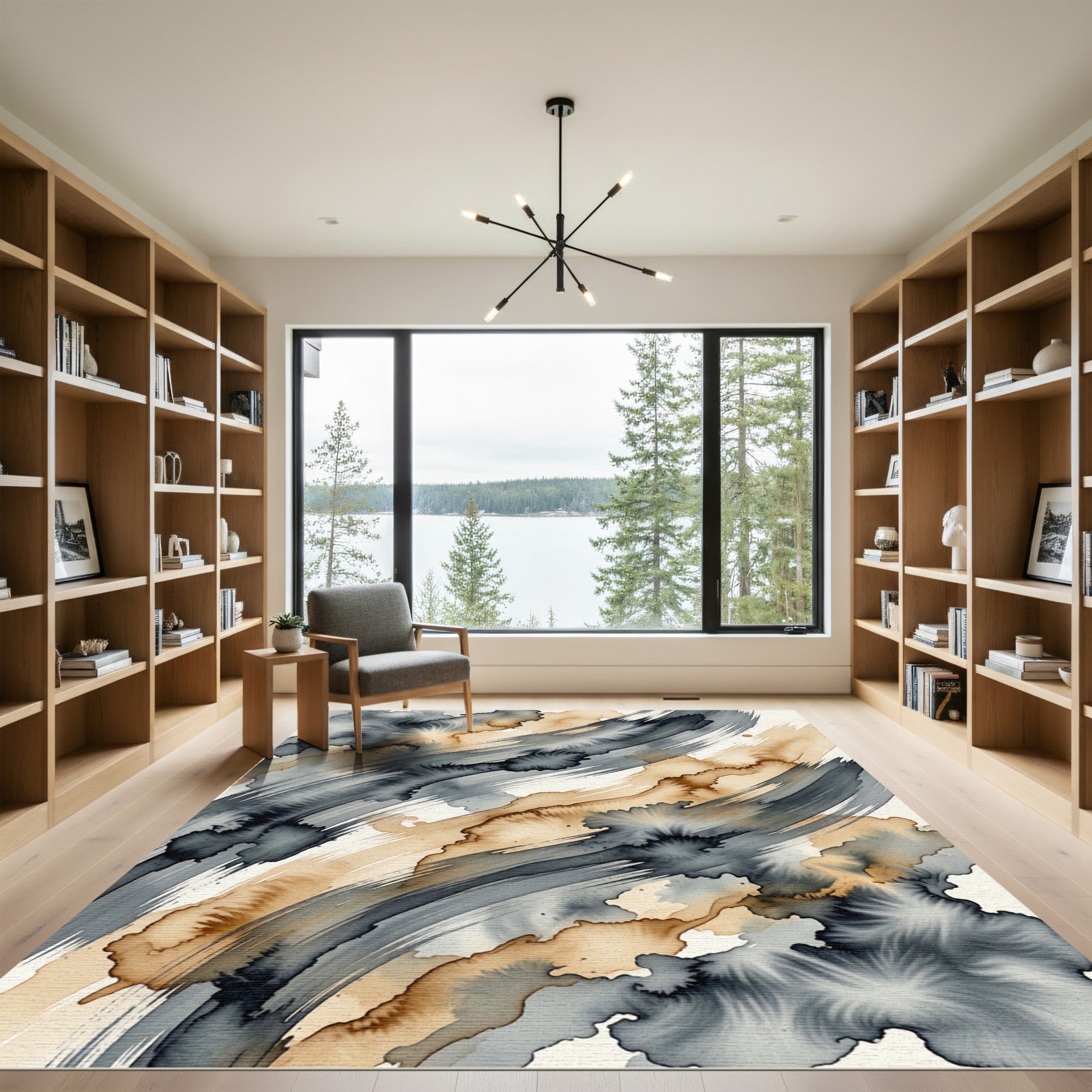 Abstract Charcoal and Tan Ink Stroke Rug