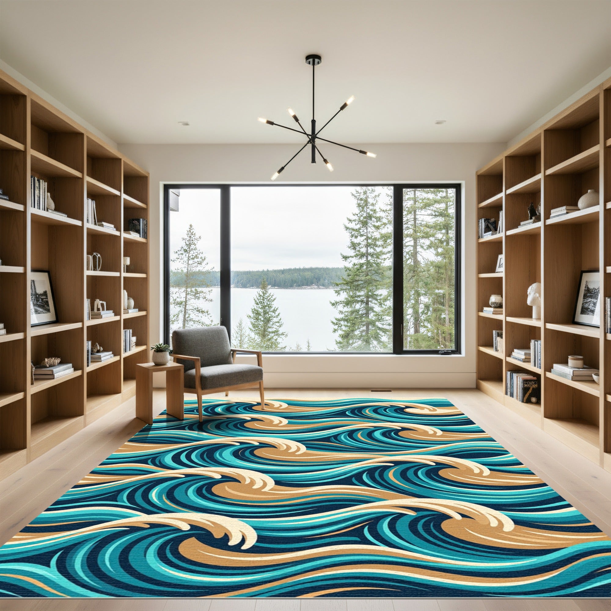Abstract Teal and Sand Wave Swirl Rug