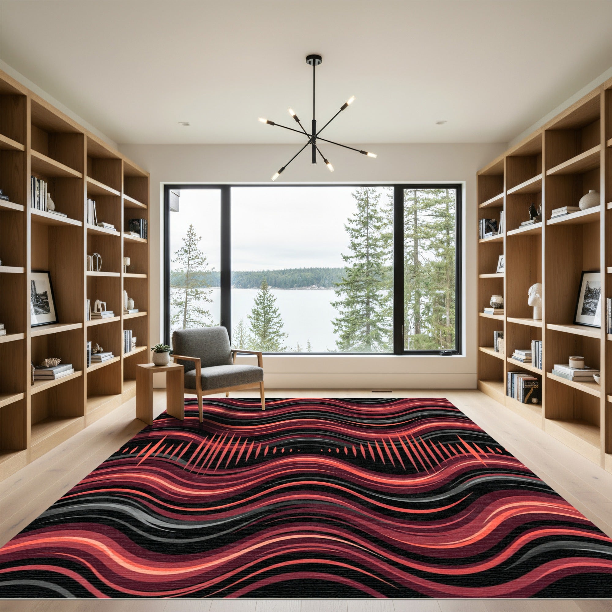 Crimson Orange Abstract Sound Wave Ripple Rug