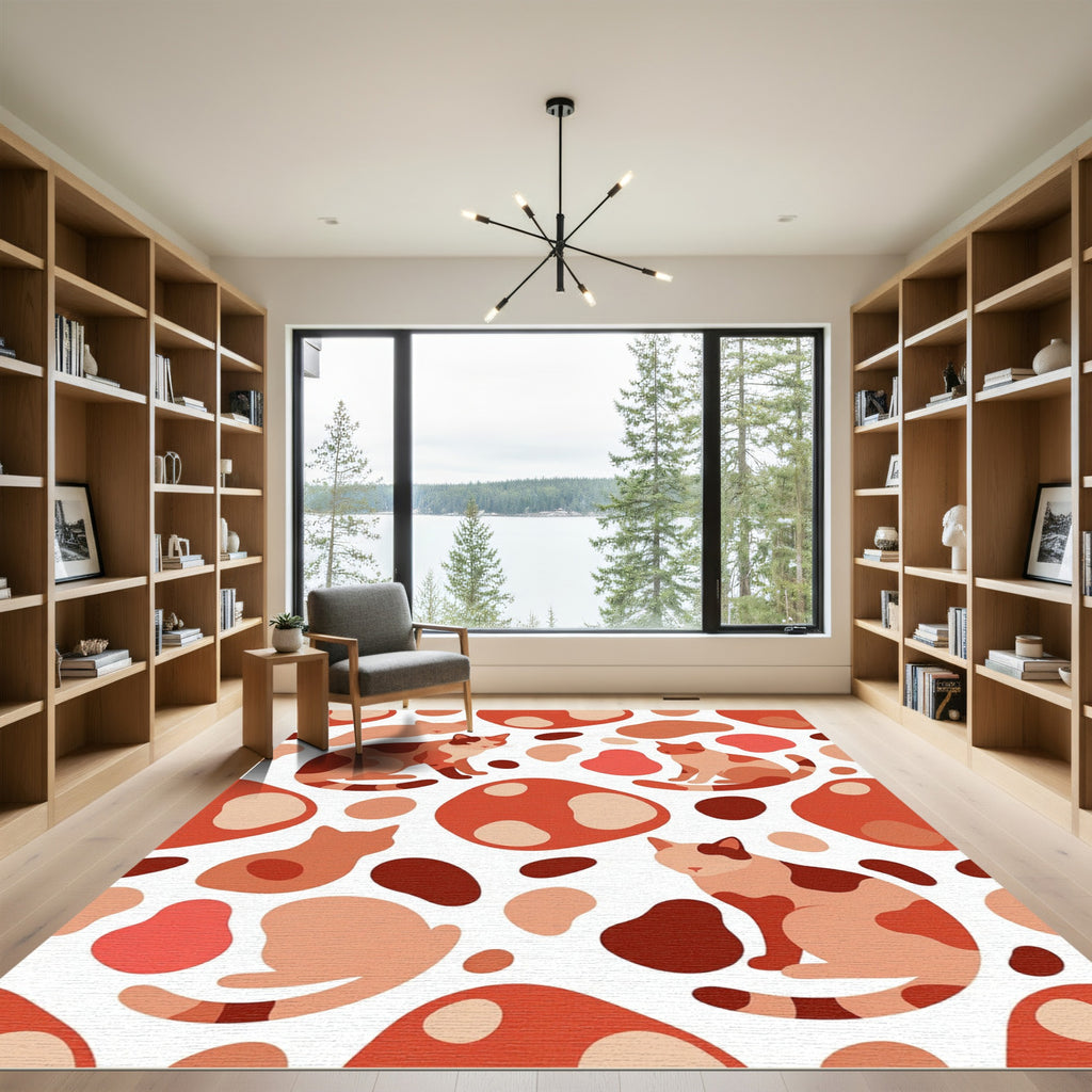 Whimsical Terracotta Abstract Cat Illustration Rug