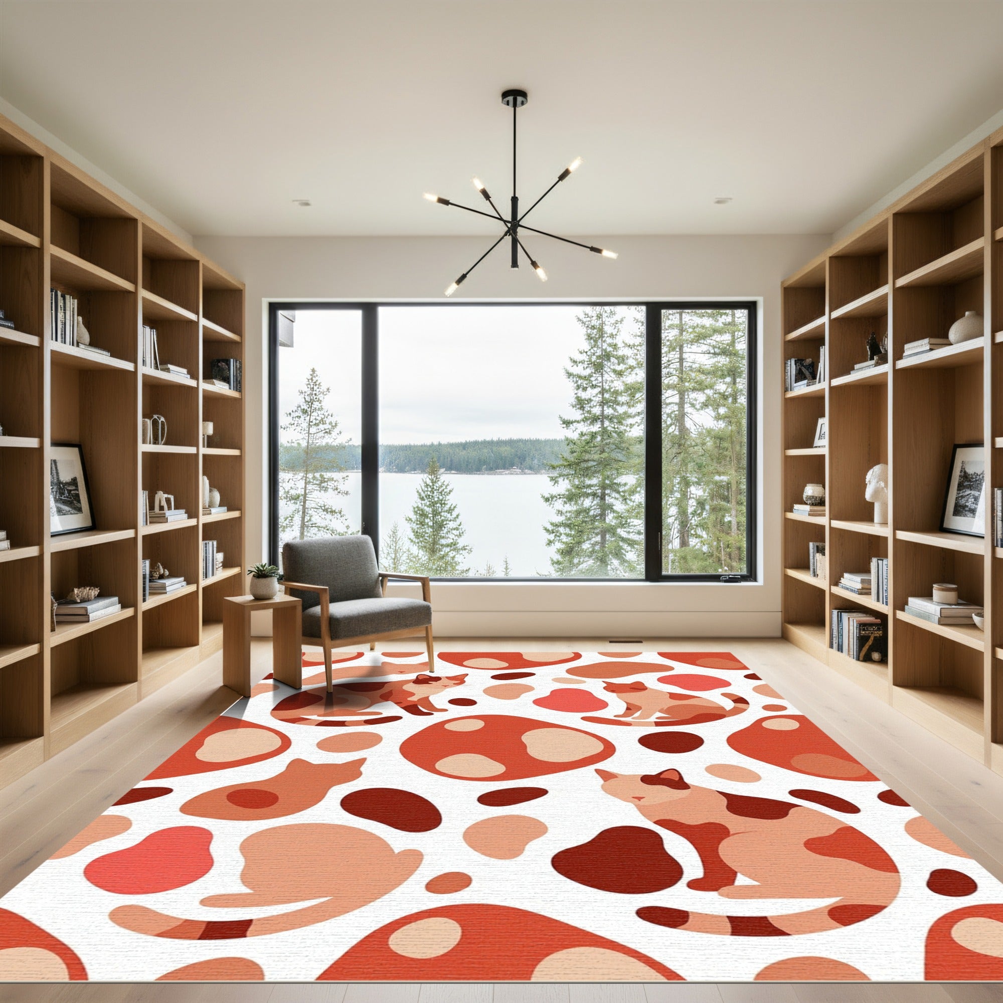 Whimsical Terracotta Abstract Cat Illustration Rug