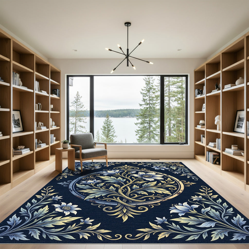 Ethereal Gold Floral Navy Medallion Rug