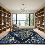 Ethereal Gold Floral Navy Medallion Rug