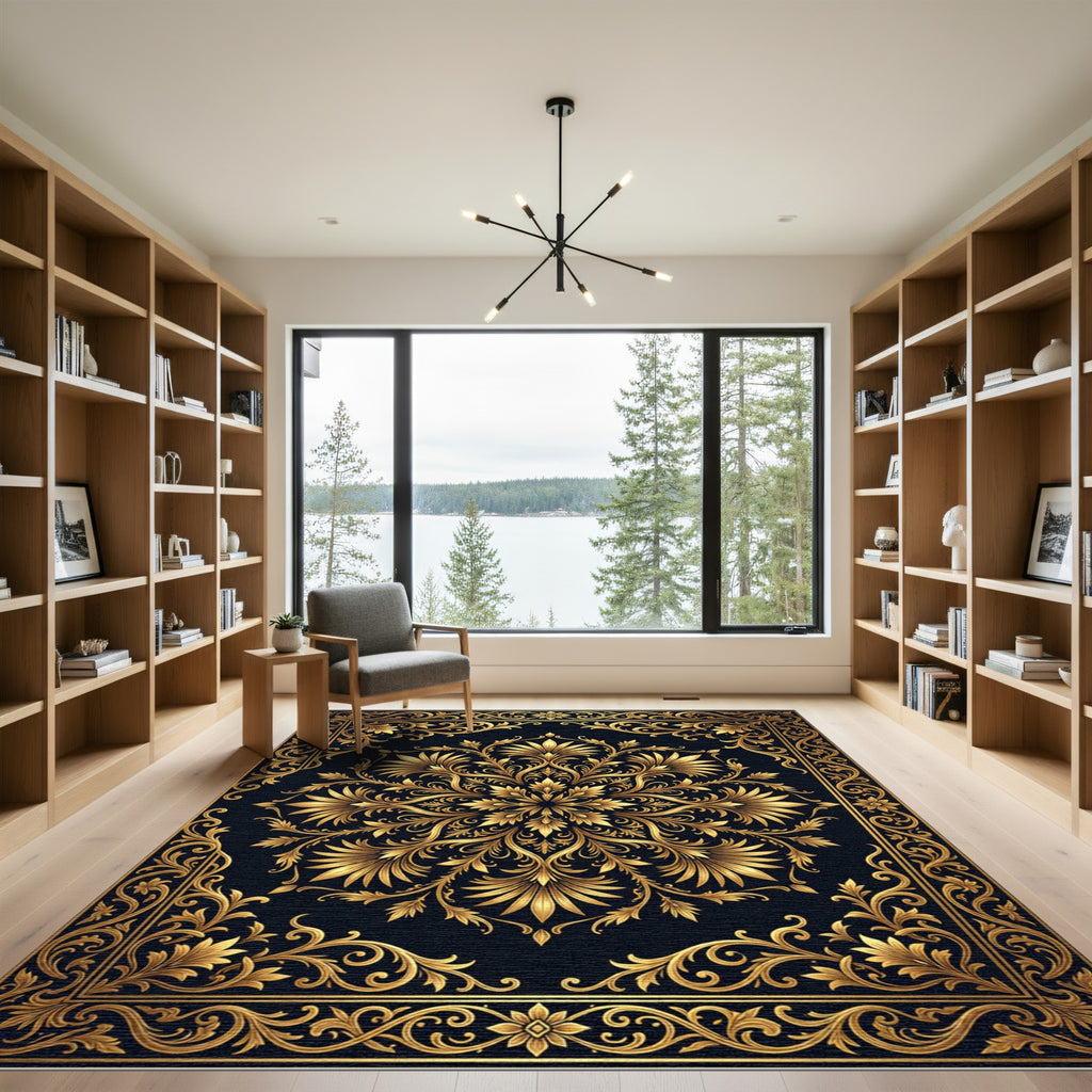 Elegant Gold Floral Medallion Black Floor Covering Rug