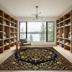 Elegant Gold Floral Medallion Black Floor Covering Rug
