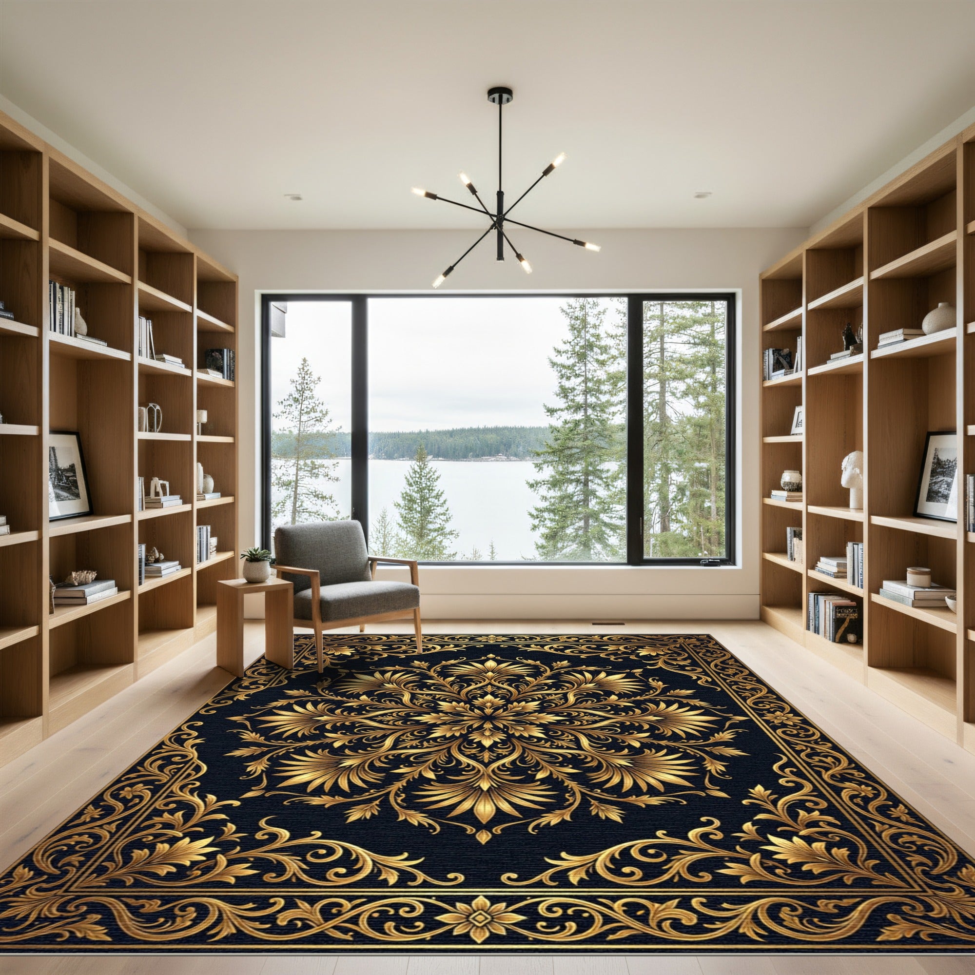 Elegant Gold Floral Medallion Black Floor Covering Rug