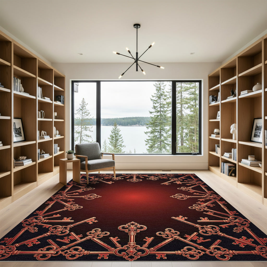 Ornate Copper Keys Bordered Red Rug