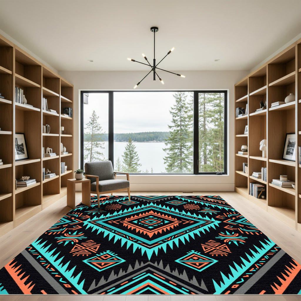 Bold Tribal Black Teal Coral Rug
