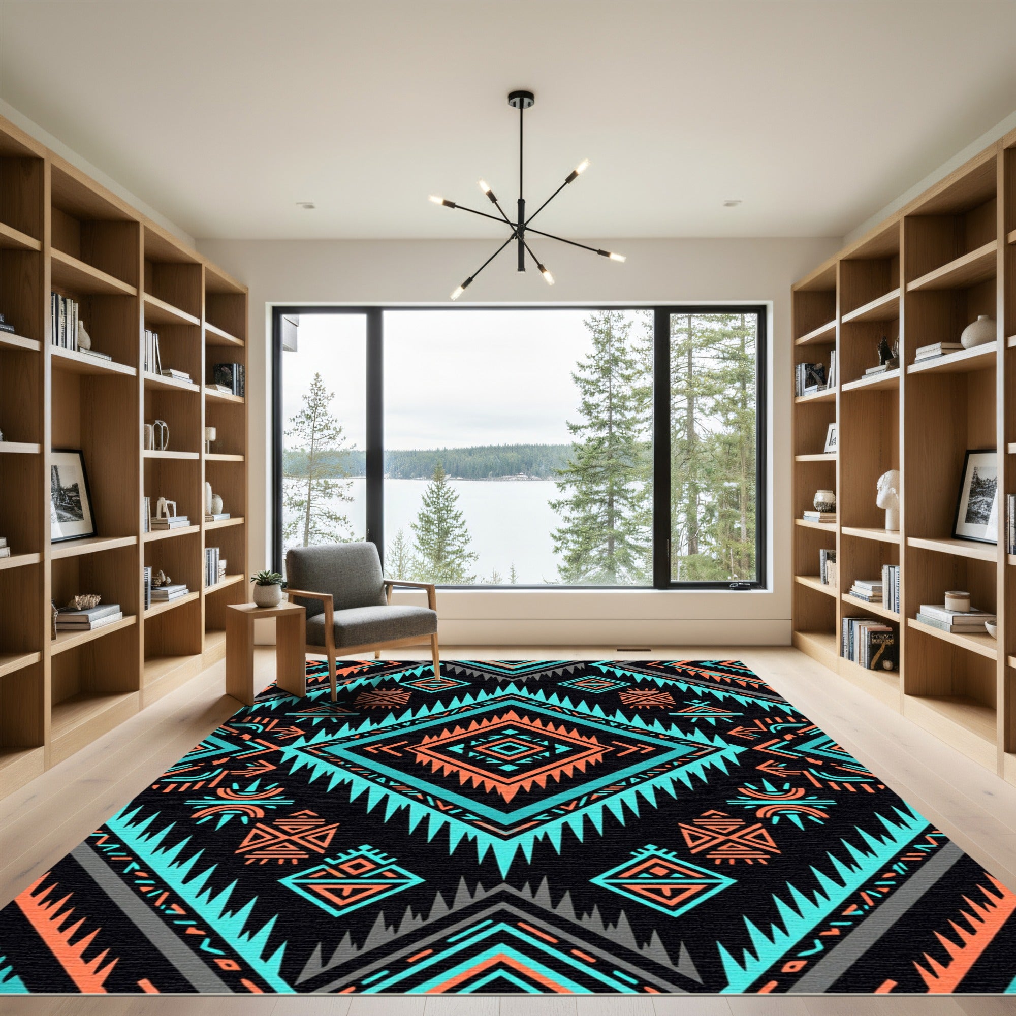 Bold Tribal Black Teal Coral Rug