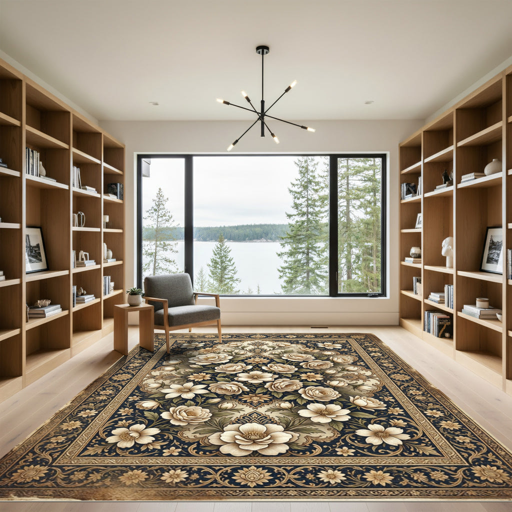 Cream Floral Arabesque Navy Rug