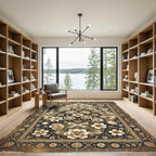 Cream Floral Arabesque Navy Rug