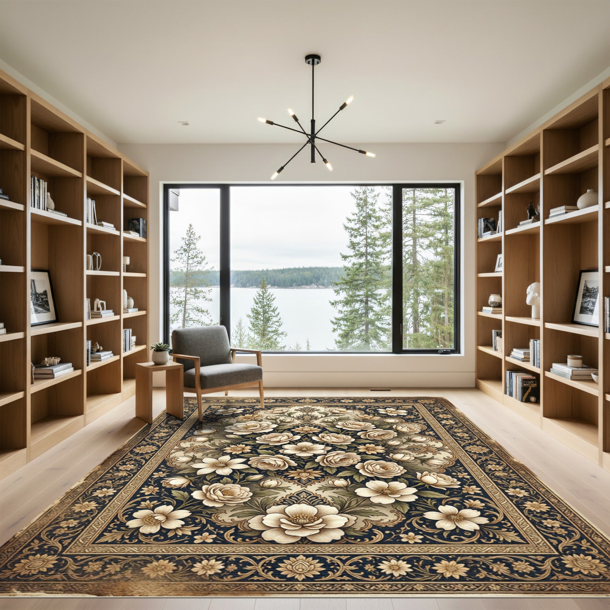 Cream Floral Arabesque Navy Rug