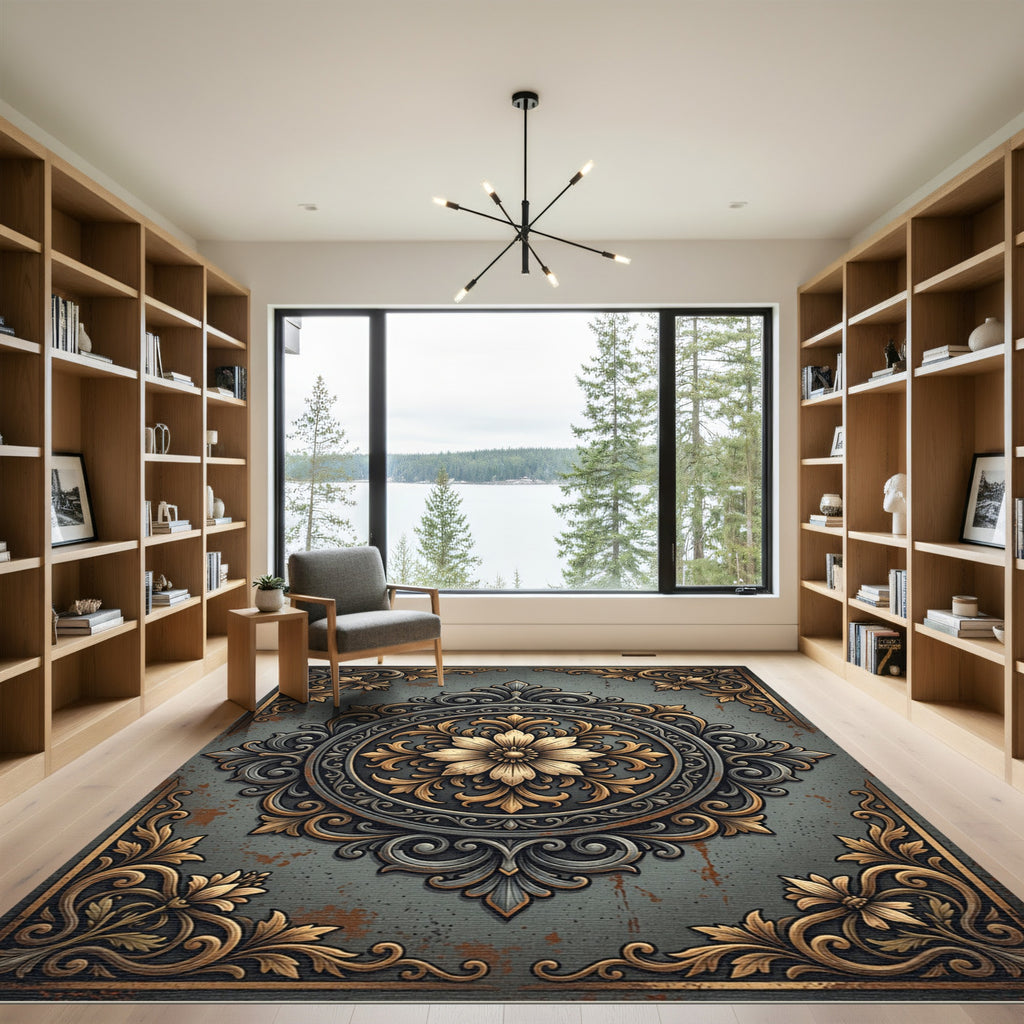 Ornate Gold Floral Charcoal Medallion Rug