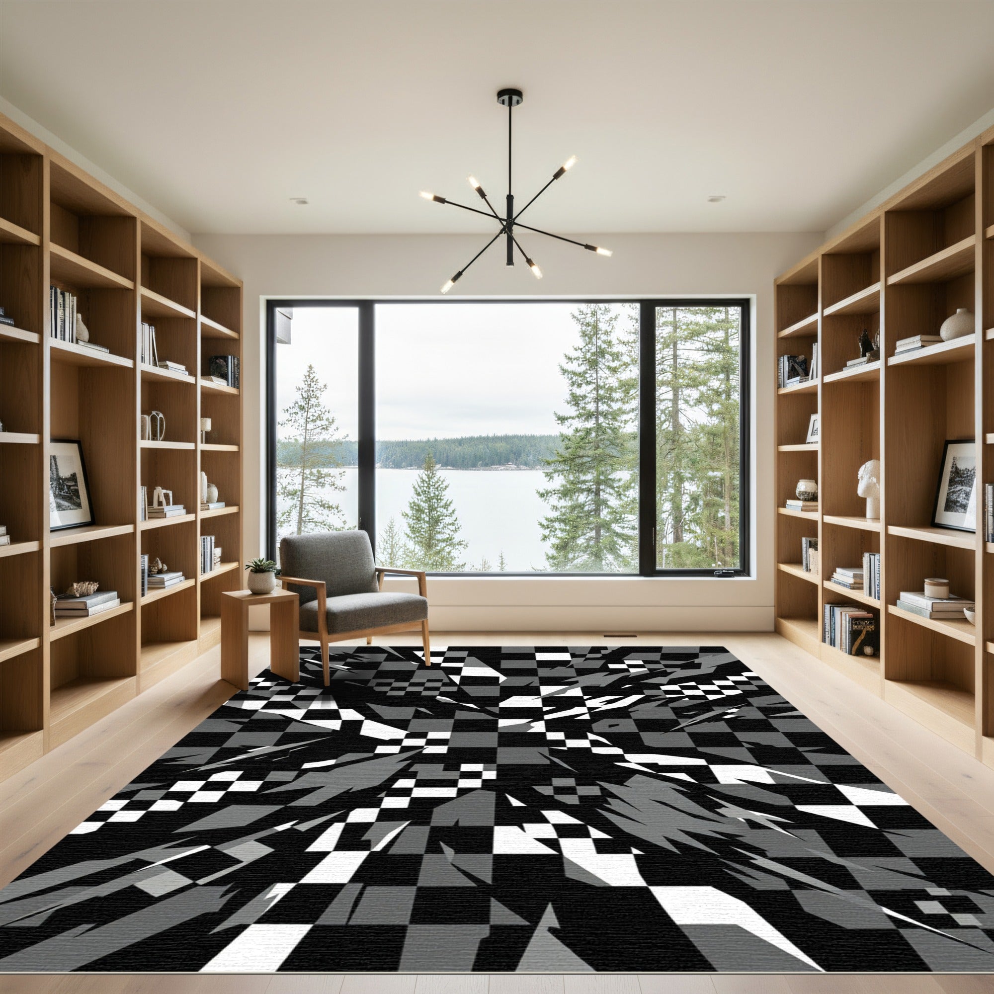 Black White Gray Shattered Checkered Rug