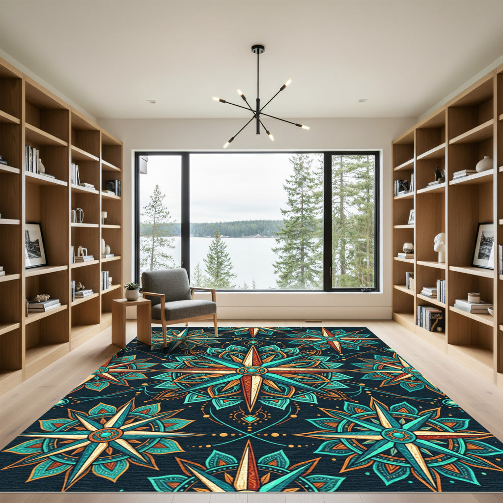 Teal and Amber Celestial Compass Mandala Rug