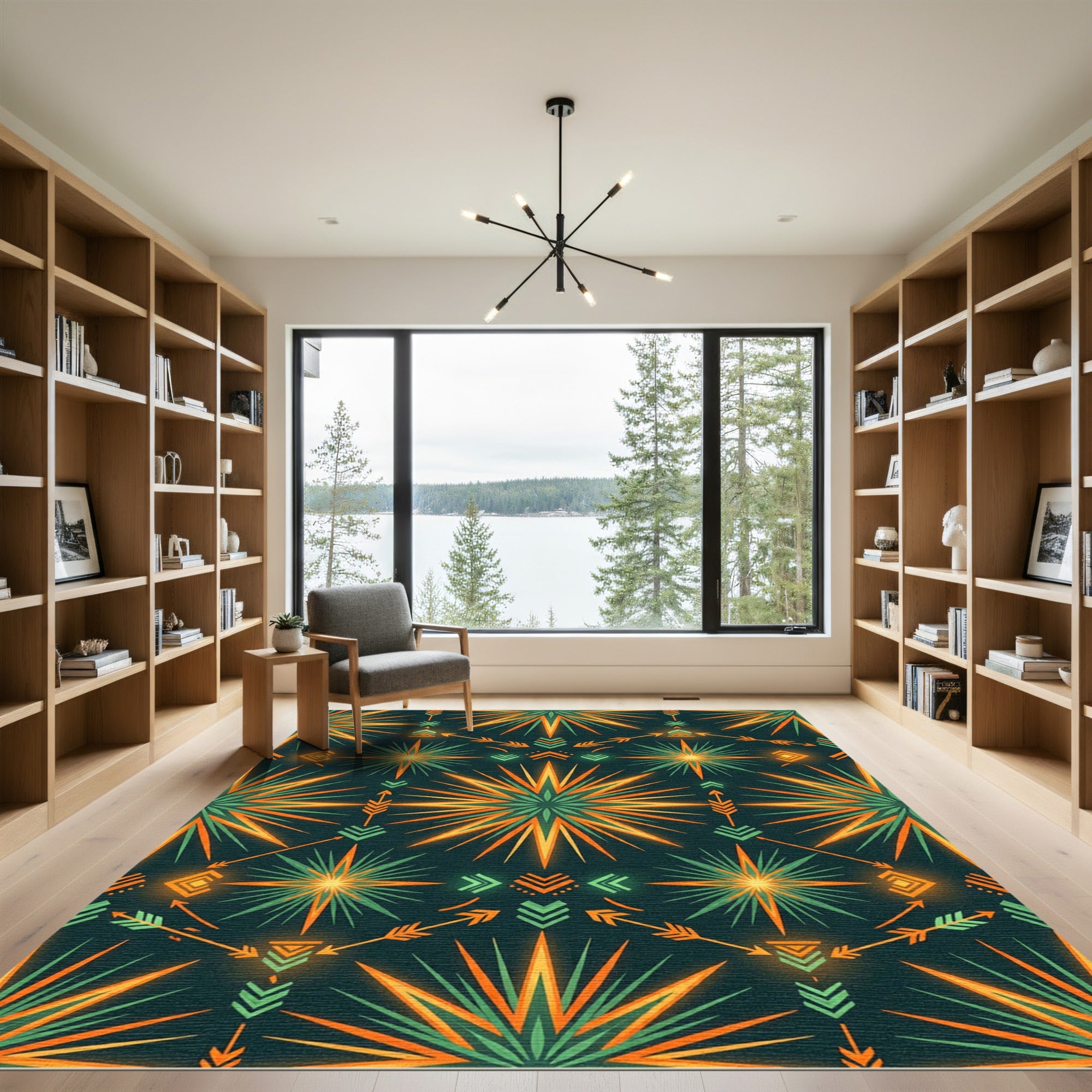 Radiant Gold and Emerald Geometric Sunburst Rug