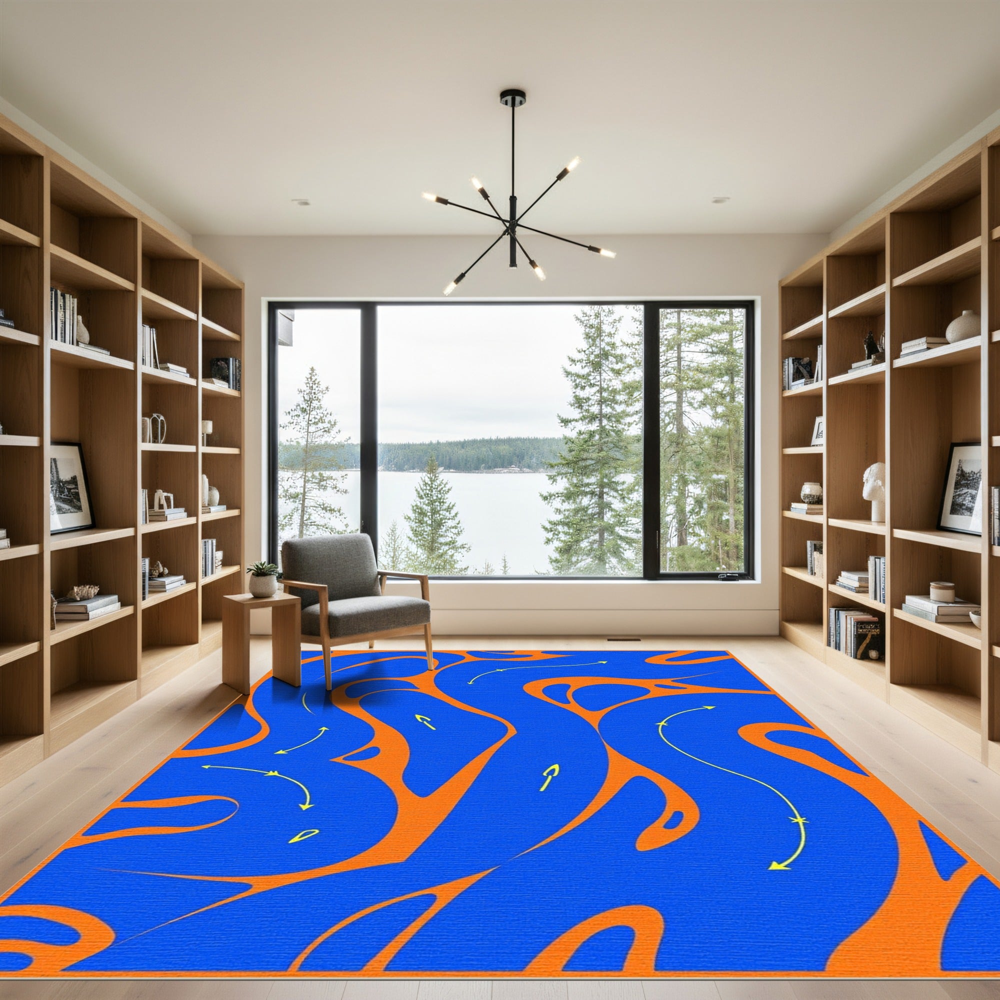 Abstract Blue Orange Flowing River Rug