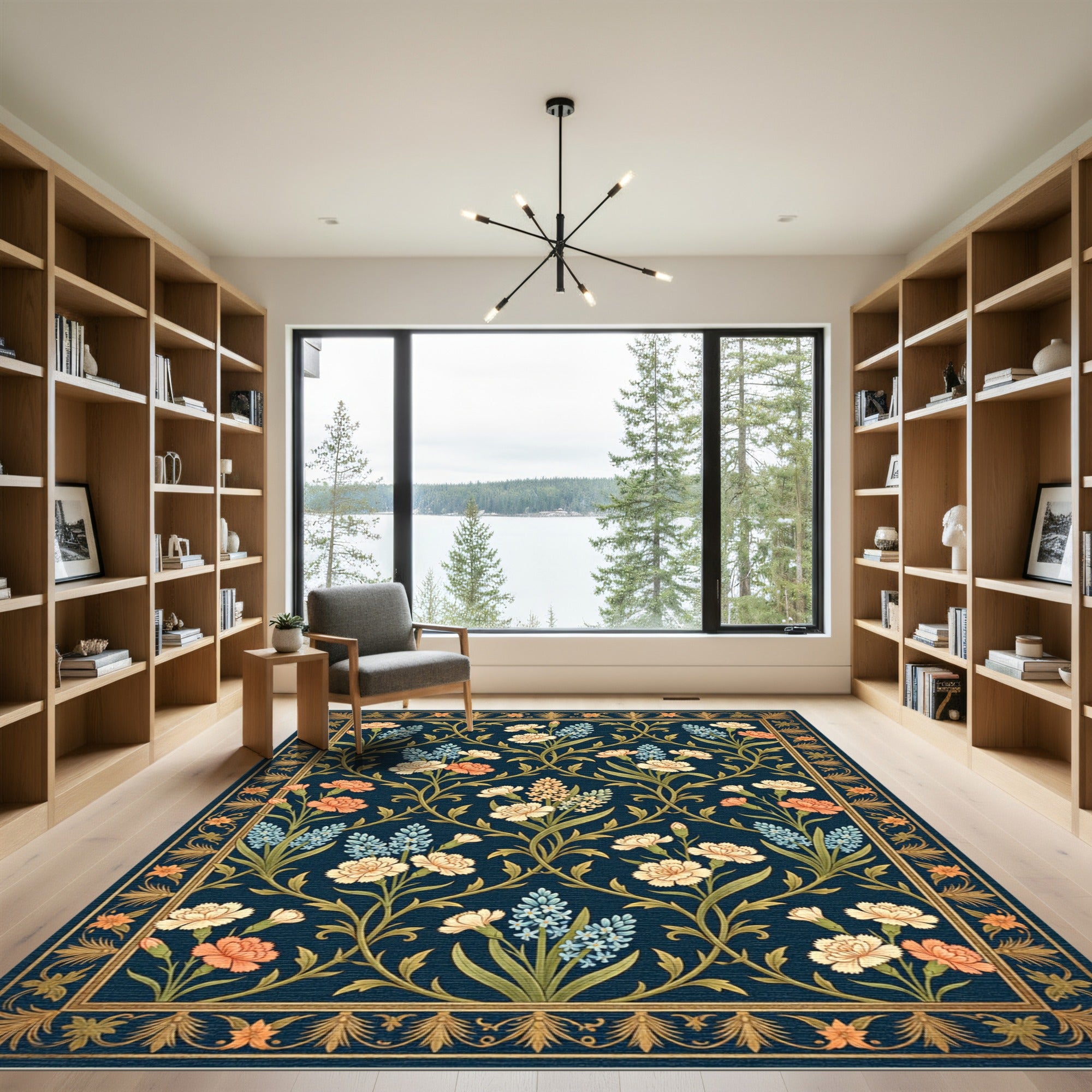 Elegant Navy Floral Botanical Garden Rug