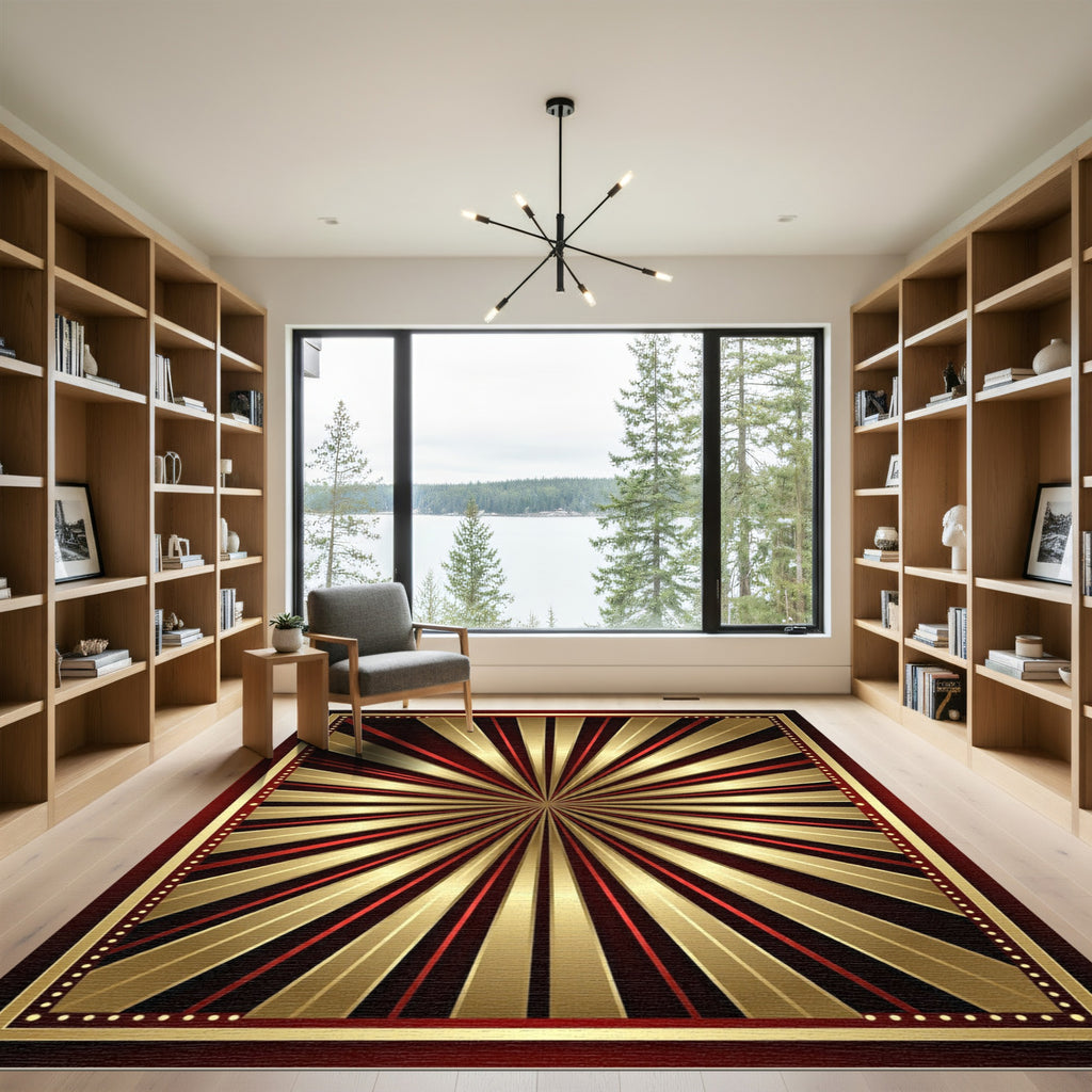 Radiant Gold Red Sunburst Rays Rug