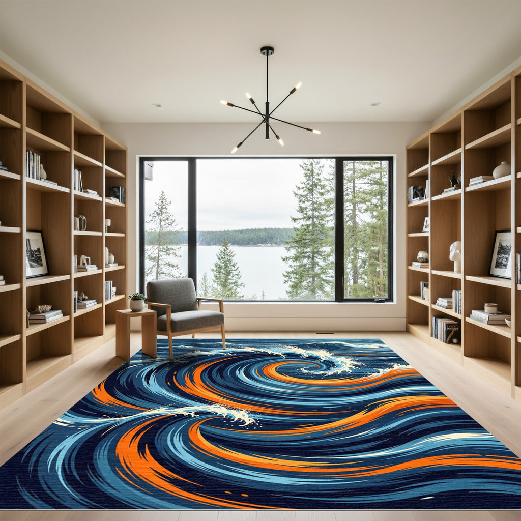 Modern Ocean Wave Swirl Blue Orange Rug