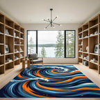 Modern Ocean Wave Swirl Blue Orange Rug