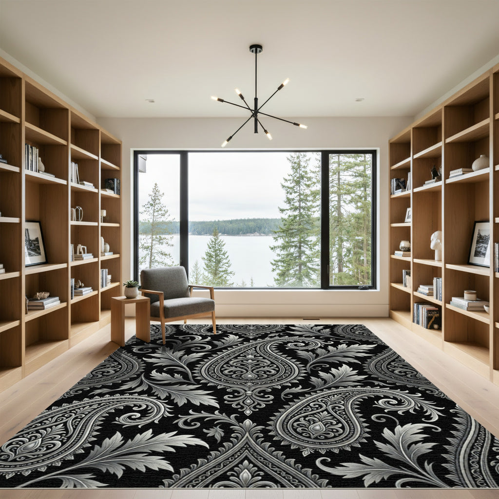 Black Silver Elaborate Paisley Swirl Rug