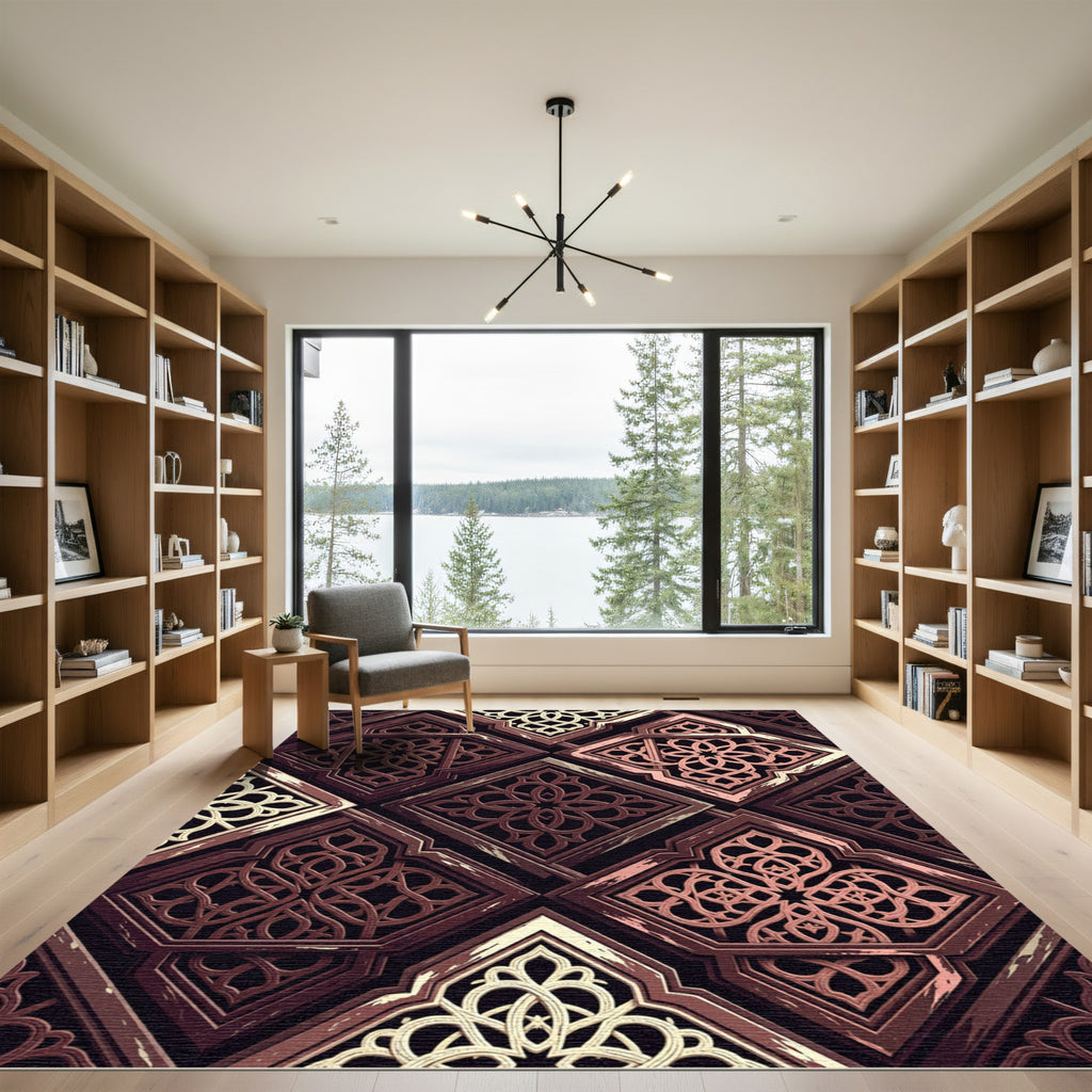 Intricate Bronze Geometric Lattice Overlay Rug