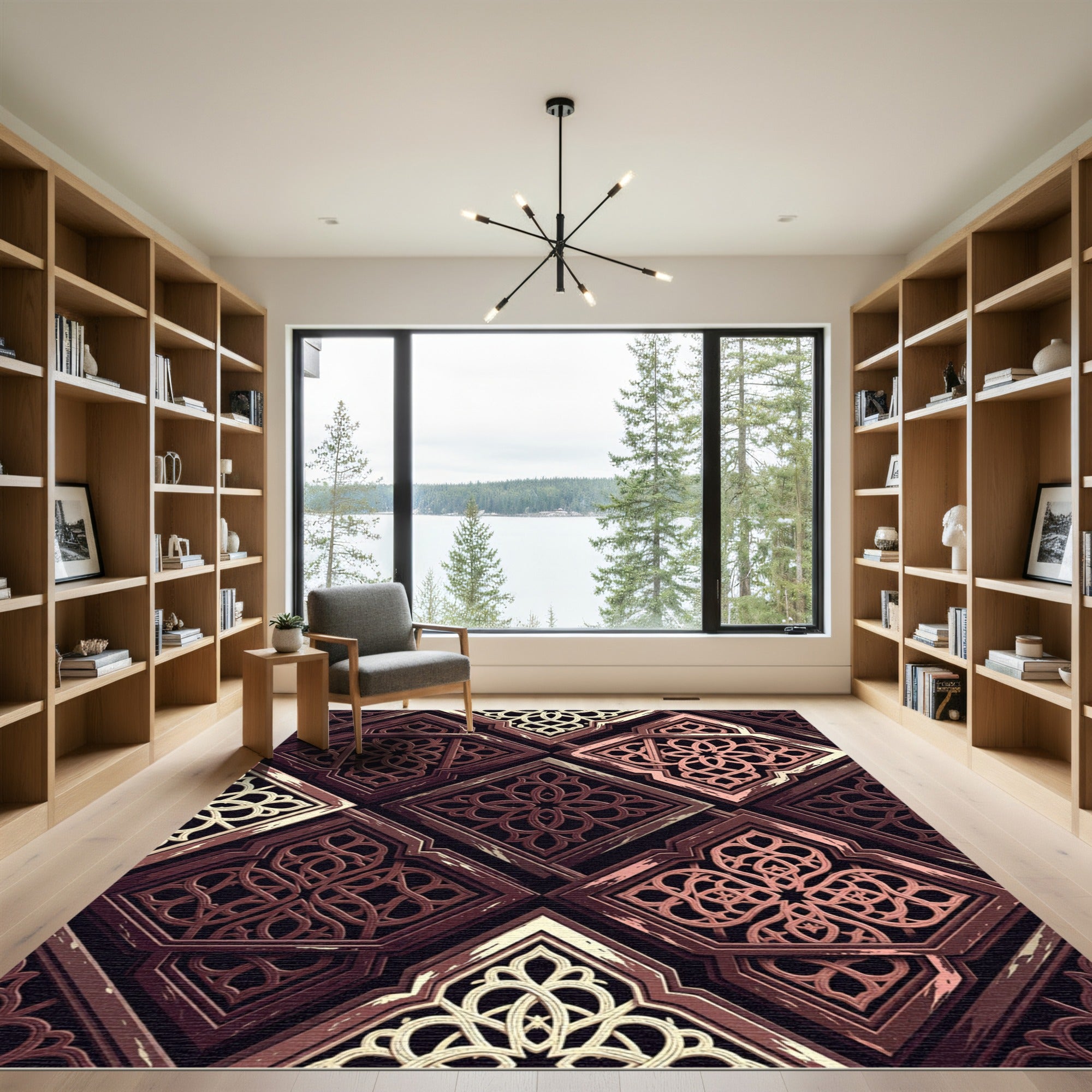 Intricate Bronze Geometric Lattice Overlay Rug