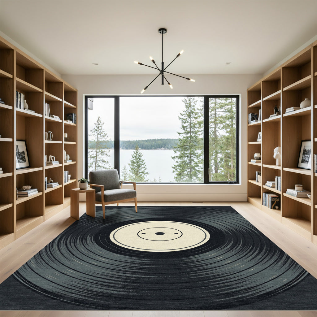 Minimalist Black Vinyl Record Art Rug
