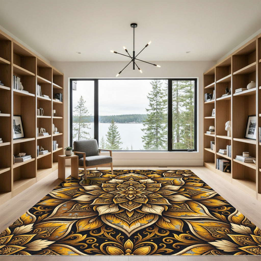 Opulent Golden Floral Scroll Medallion Rug