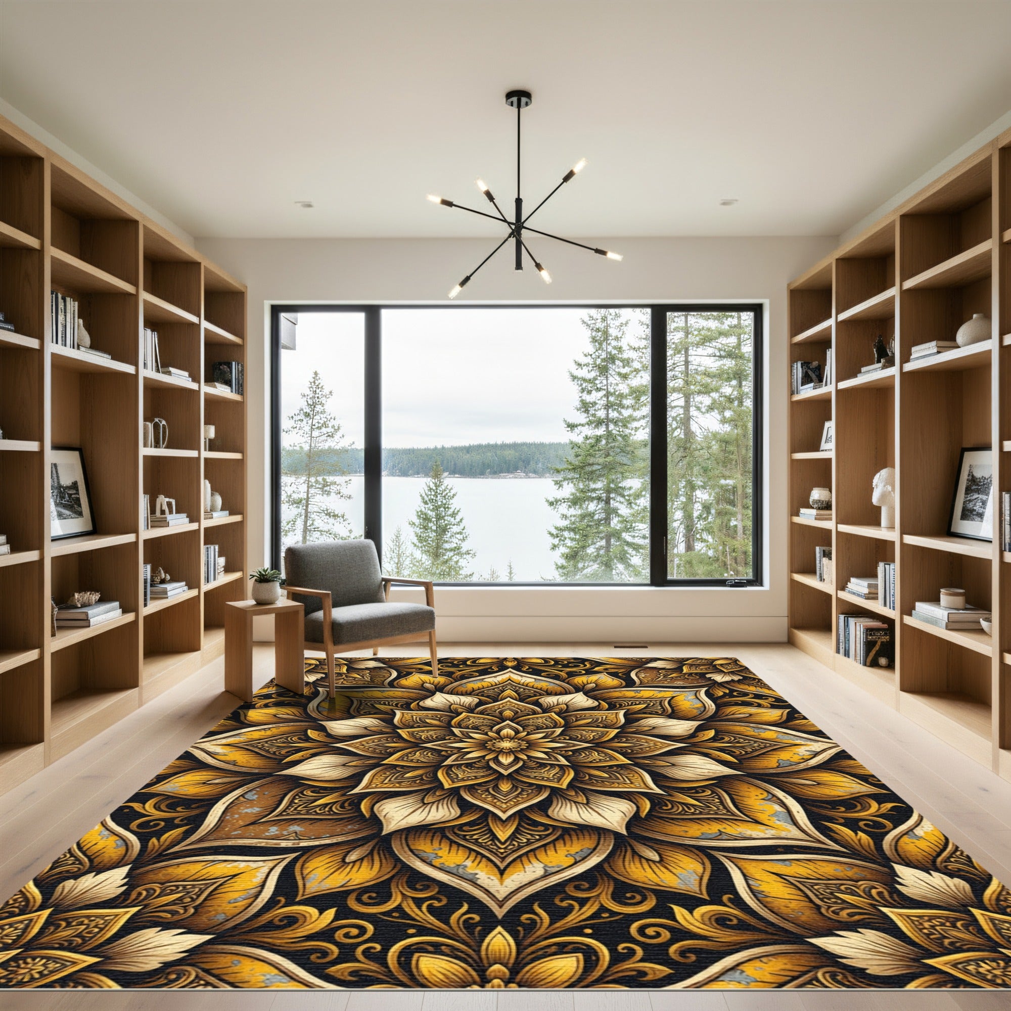 Opulent Golden Floral Scroll Medallion Rug