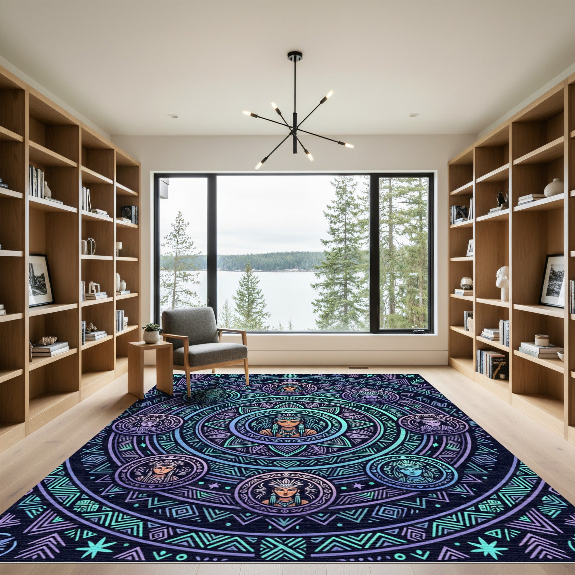 Neon Tribal Mandalas and Celestial Portraits Rug