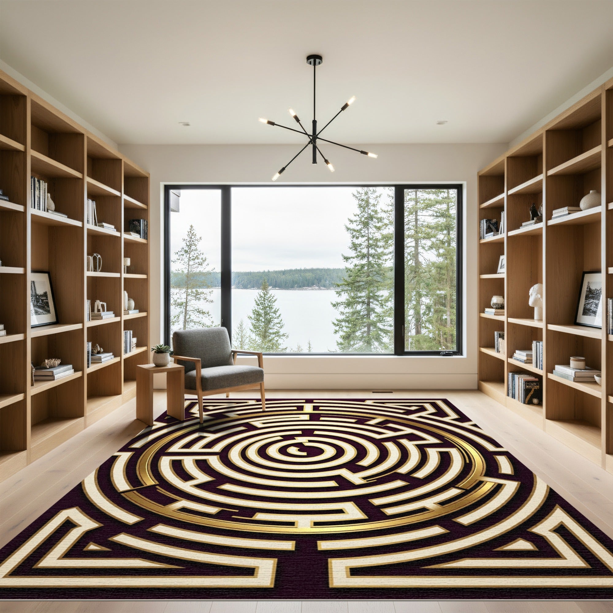 Golden Labyrinth Circular Geometric Art Rug
