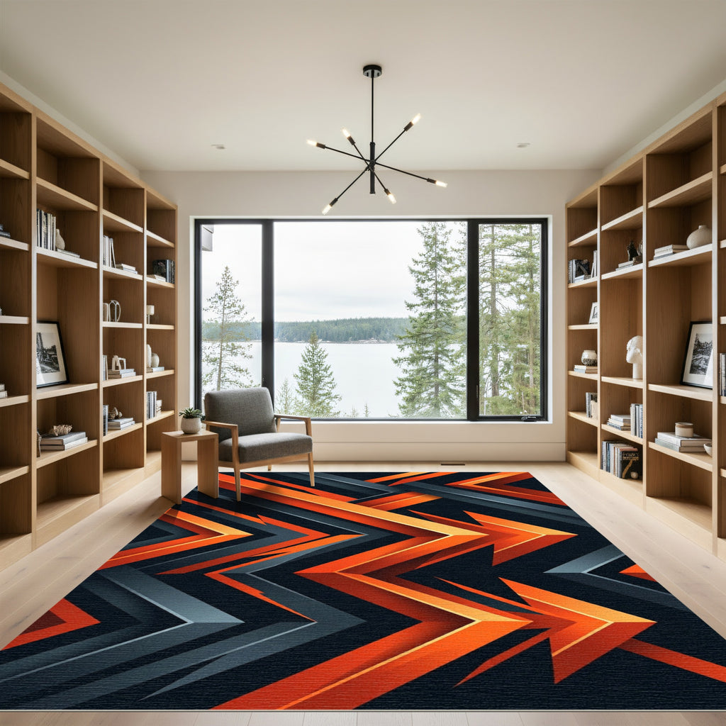 Bold Orange Charcoal Angular Geometric Chevron Rug