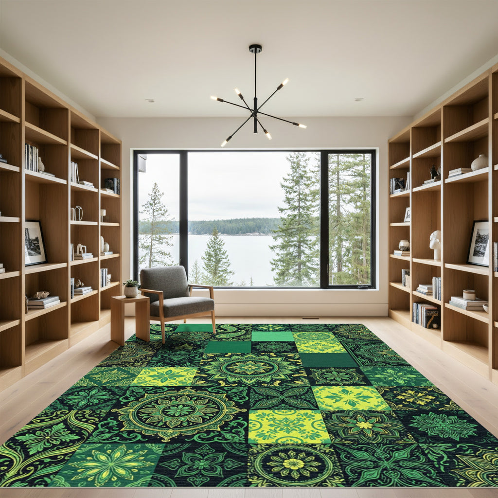 Emerald Green Paisley Mandala Patchwork Rug