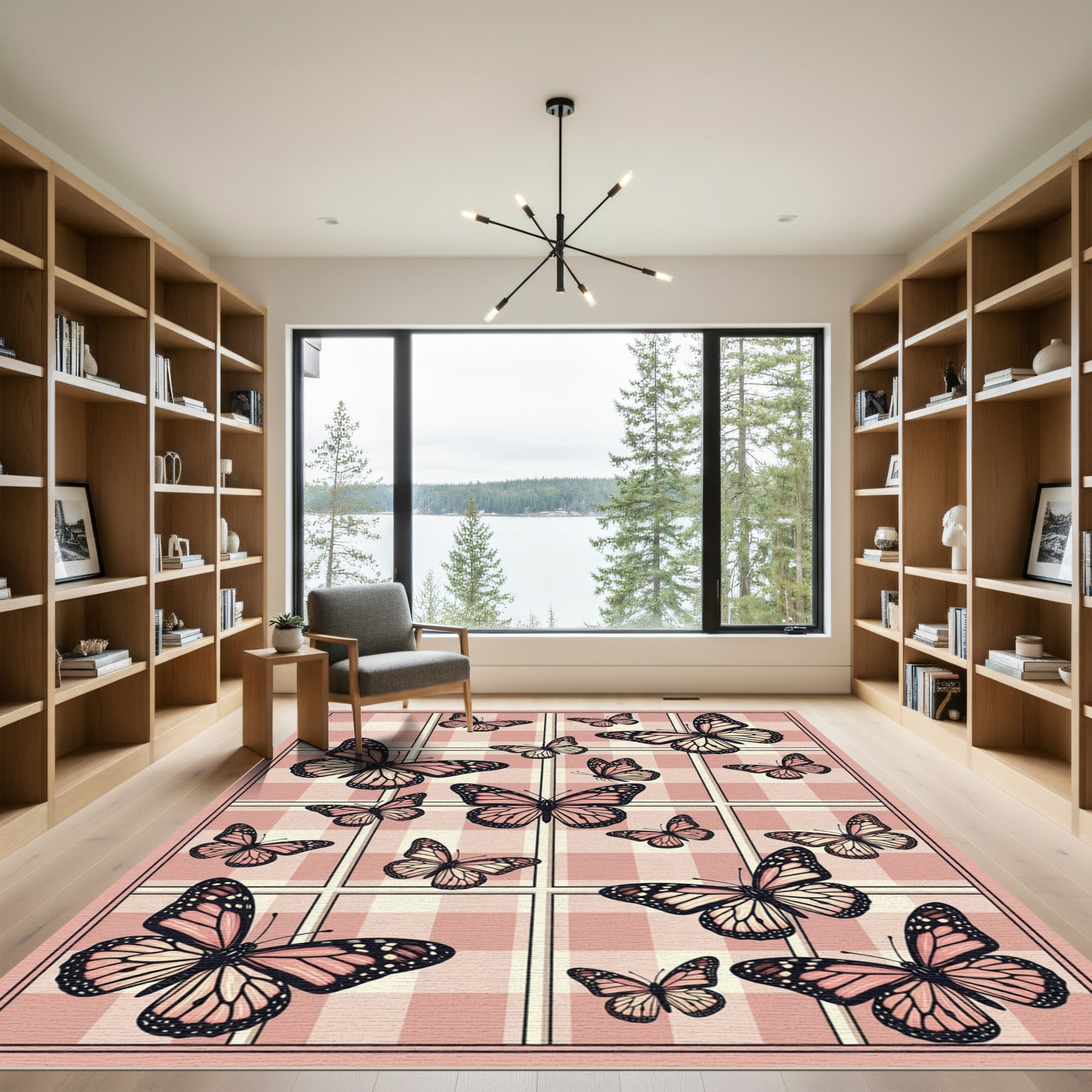 Blush Pink Gingham Butterfly Garden Rug
