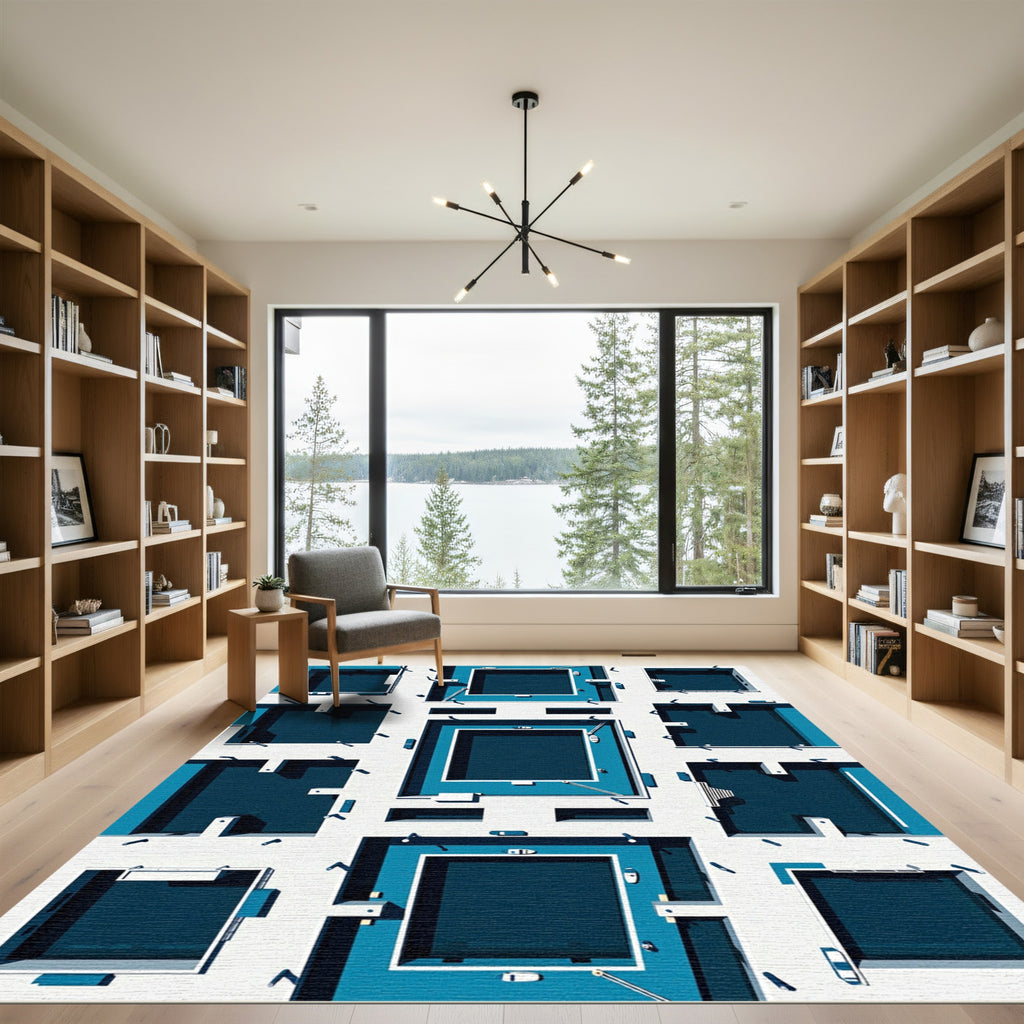 Modern Deep Blue Geometric Grid Rug