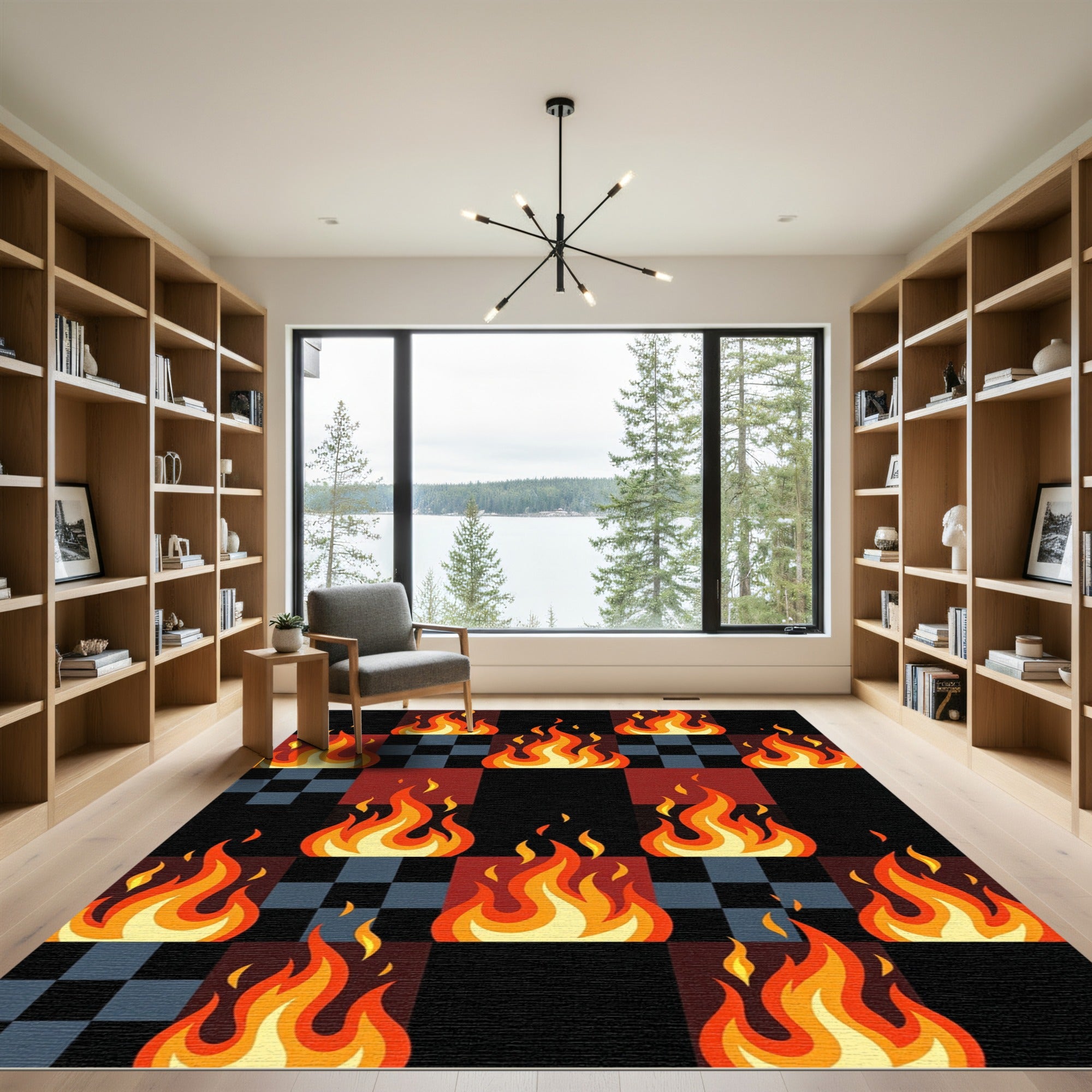 Fiery Crimson Checkerboard Flames Rug