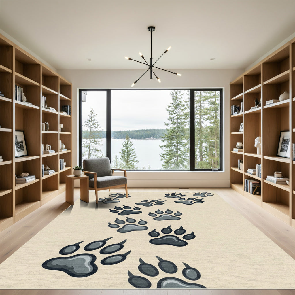 Playful Gray Animal Paw Track Rug