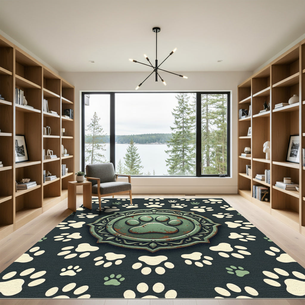 Rustic Green Paw Emblem Medallion Rug