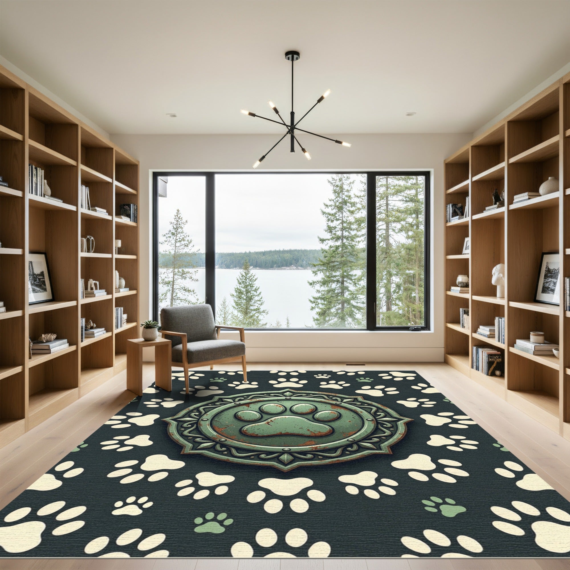 Rustic Green Paw Emblem Medallion Rug