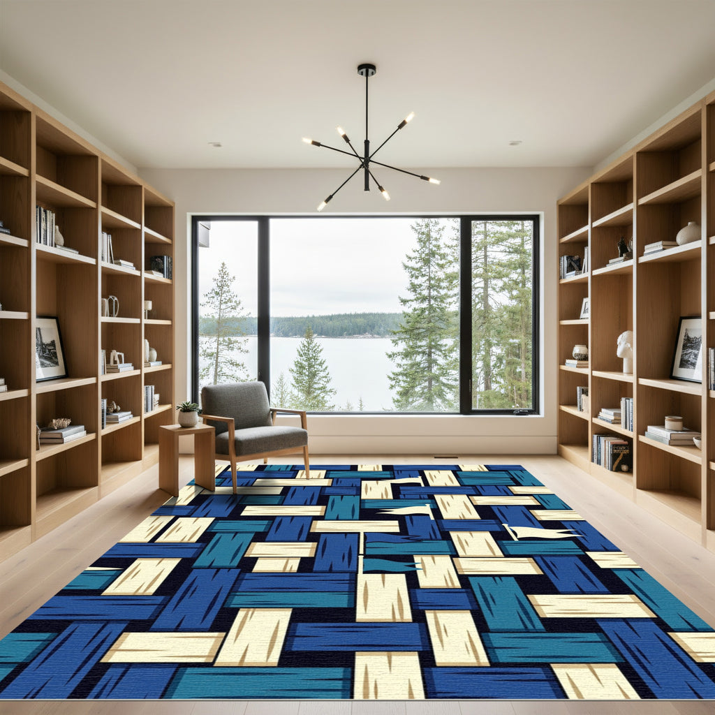 Woven Navy Cream Flag Abstract Grid Rug