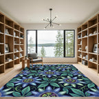 Dark Blue Passion Flower Botanical Rug