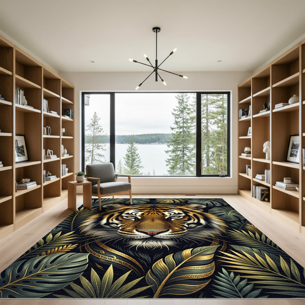 Golden Tiger with Lush Tropical Foliage Rug