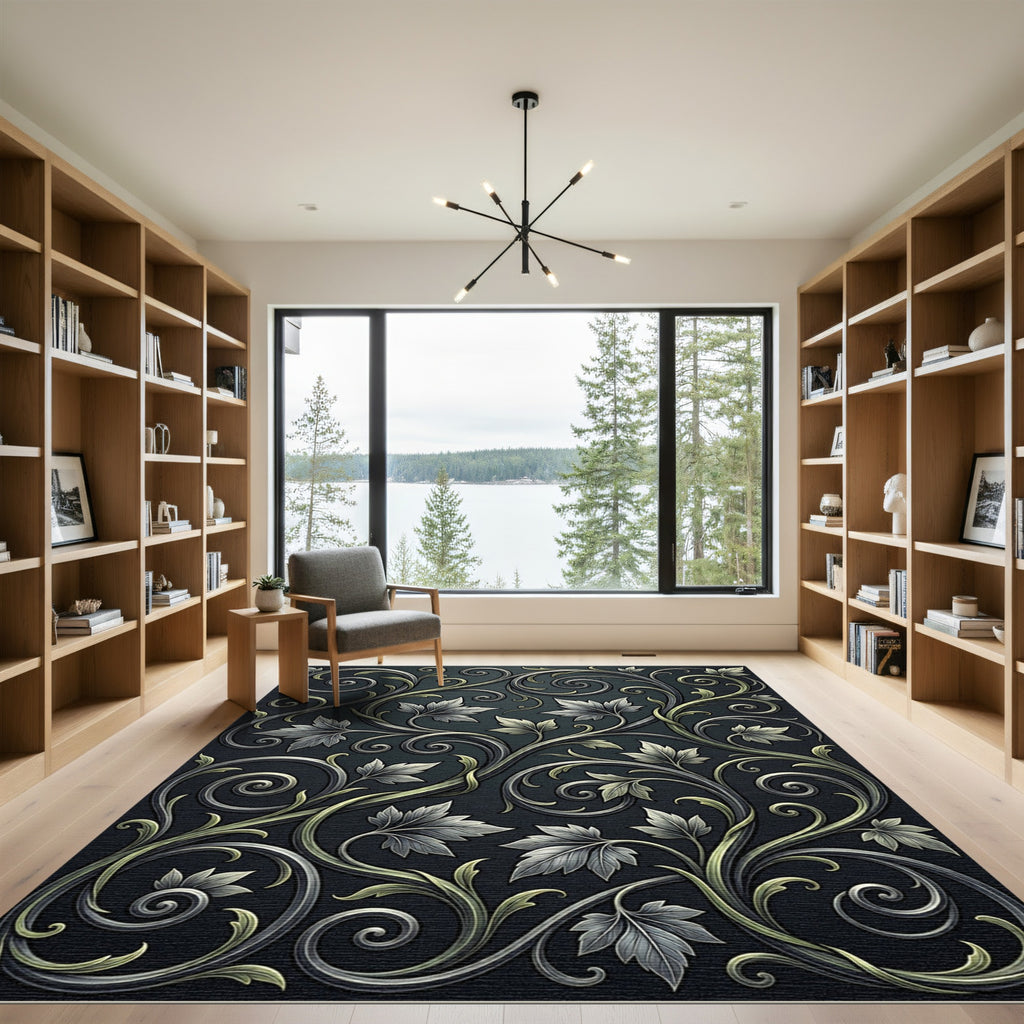 Ornate Silver Green Filigree Scroll Rug