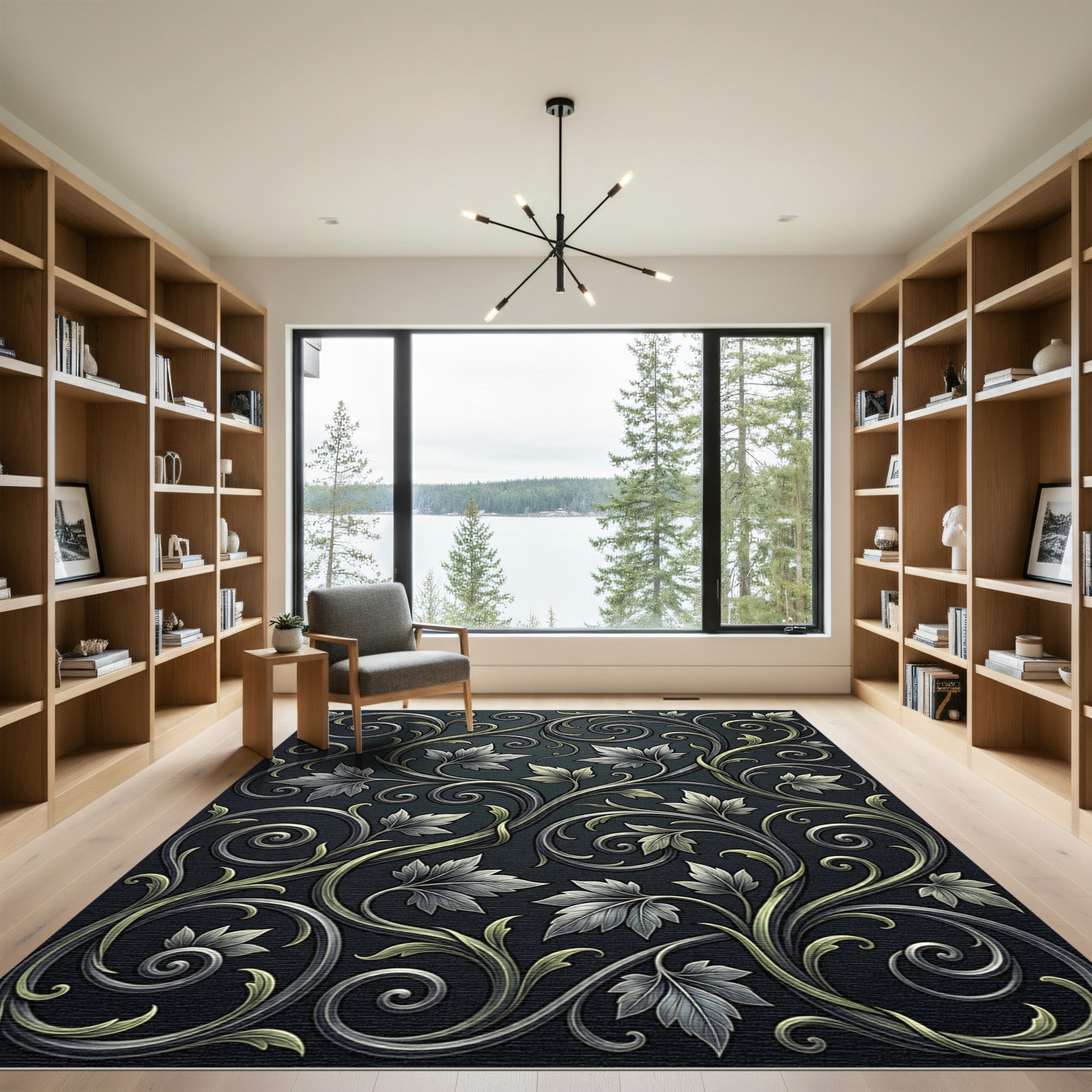 Ornate Silver Green Filigree Scroll Rug